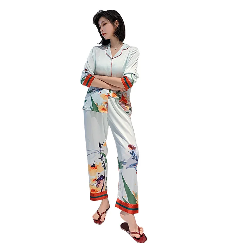 

Blue Female Print Flower 2PCS Pajamas Set Sexy Lounge Turn-down Collar Pyjamas Sleep Suit Full Sleeve &Pant Sleepwear Nightwear