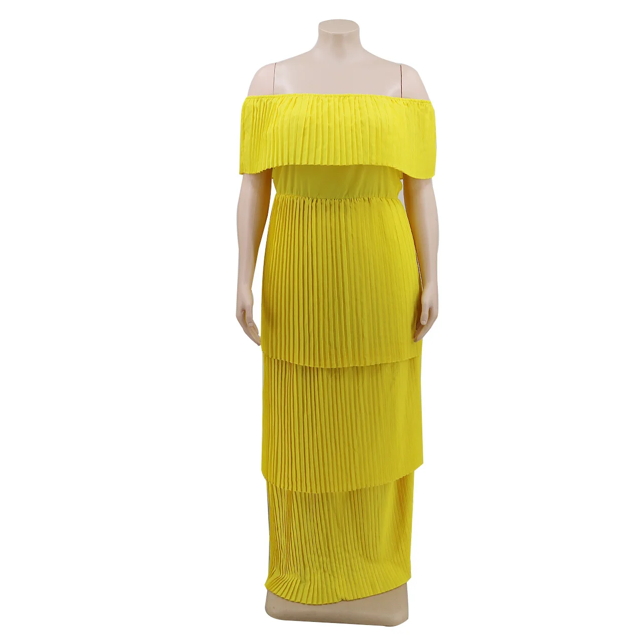 

Women Plus Size Dress Yellow Off Shoulder Ruffles Pleated Casual Beach Holiday Slash Neck Layered Summer Long Maxi Dresses Indie