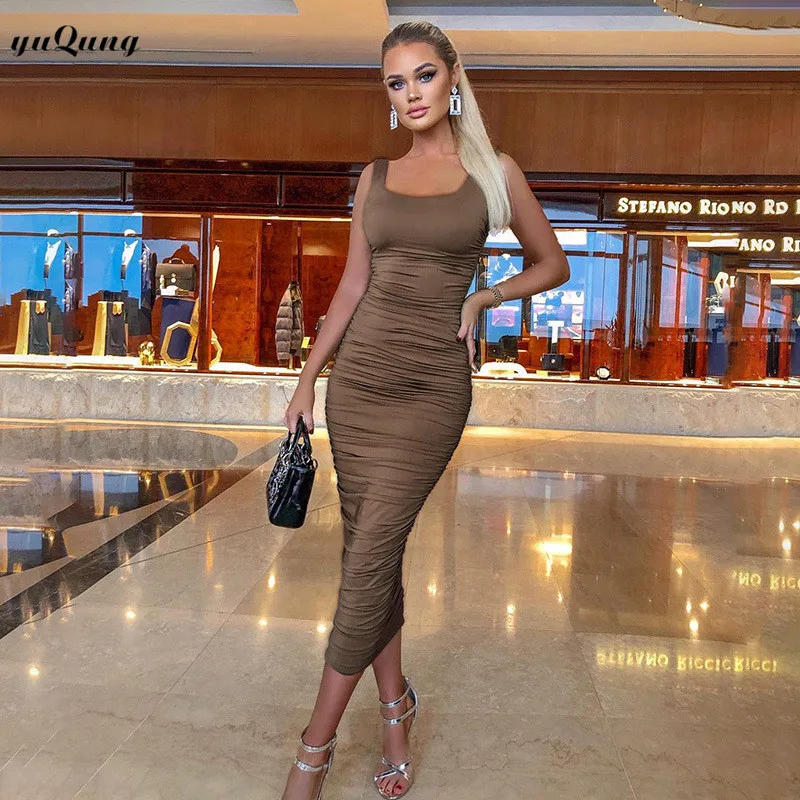 

Women Spaghetti Strap Slim Bandage Bodycon Long Tank Dress Casual Party Club Off Shoulder Summer Ruched Basic Maxi Dress Yuqung