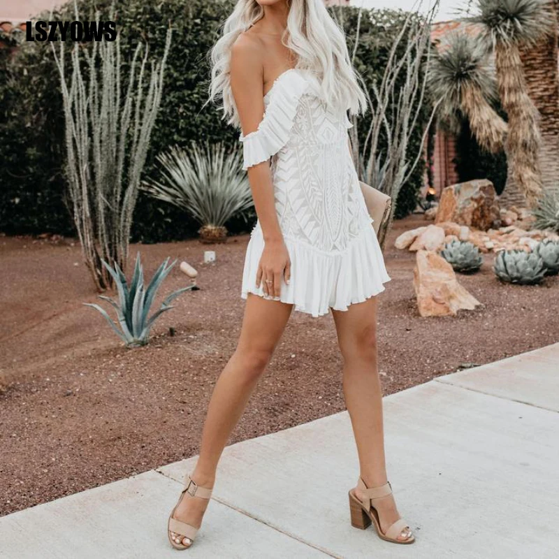 

Summer Women Party Dresses Elegant Off Shoulder Backless White Lace Dress Sleeveless Vintage Pleated Ruffles Mini Dress Vestidos
