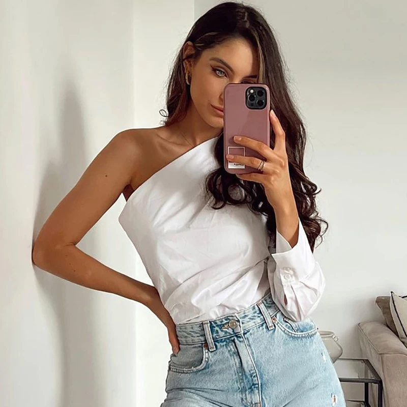 

2021 Stylish Girls Asymmetric One Shoulder Shirts Summer Fashion Ladies Elegant Soft Cotton White Tops Vintage Women Chic