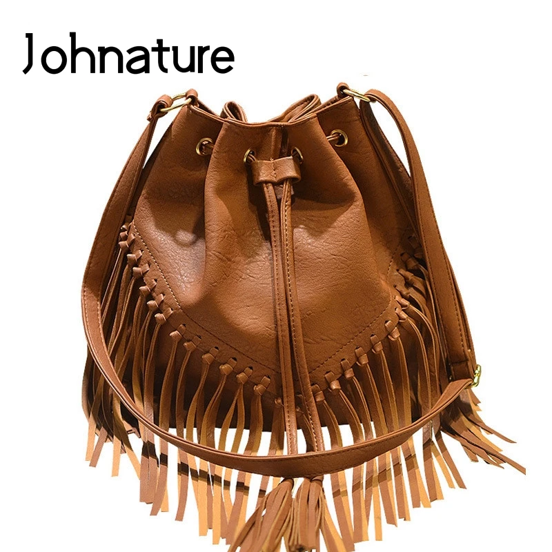 

Johnature Fashion Bucket Bag 2021 New Tassel Woven With Drawstring Women Crossbody Bags Leisure Pu Leather Female Shoulder Bags