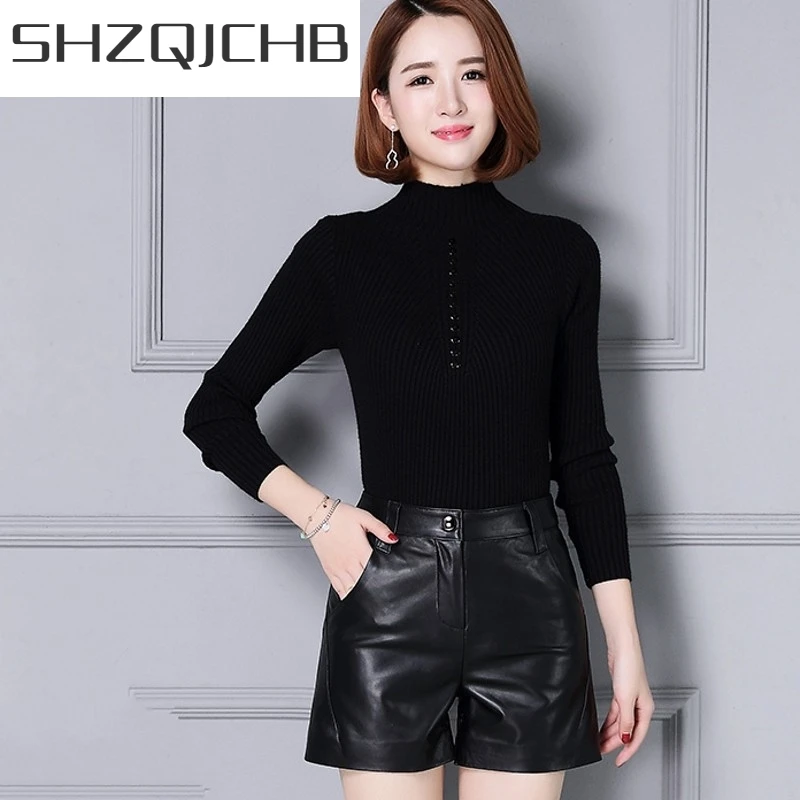 

JCHB 2021 Real Leather Casual Streetwear High Waist Black Female Shorts Straight Punk Korean Fashion Sheepskin OL Plus Size 4XL