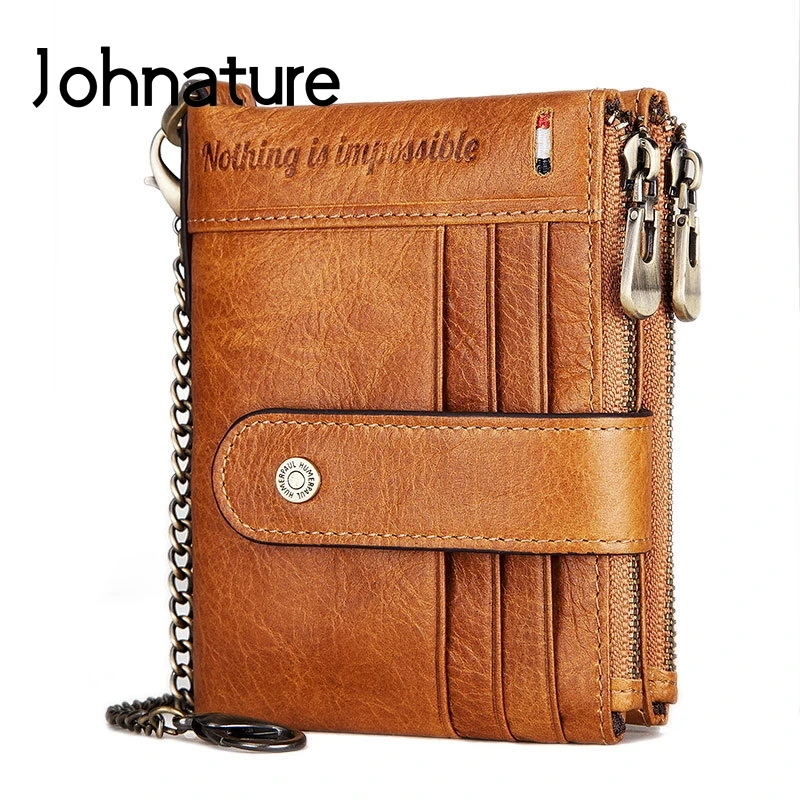 

Johnature Rfid Men Wallet 2022 New Double Zipper Genuine Leather Vintage Anti Theft Short Wallets Card Holder Man Coin Purse