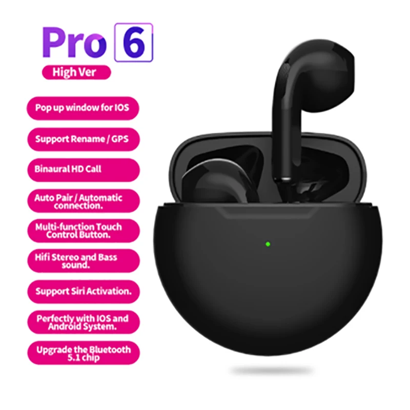 

Беспроводные наушники Pro 6, Bluetooth-гарнитура, мини-наушники, стереонаушники с шумоподавлением, стереонаушники, спортивные водонепроницаемые ...
