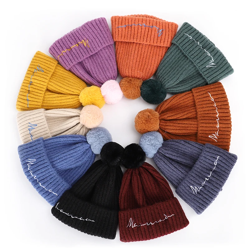 2019 детская одежда из новой зимней помпон с вышивкой вязаная шапочка для