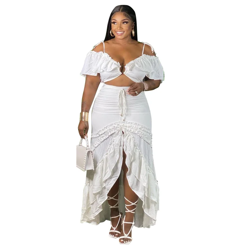 

Plus Size Two Piece Skirt Sets Women Sexy Clothing Short Sleeve Crop Top Slit Long Skirts Matching Set New White Big Size Outfit