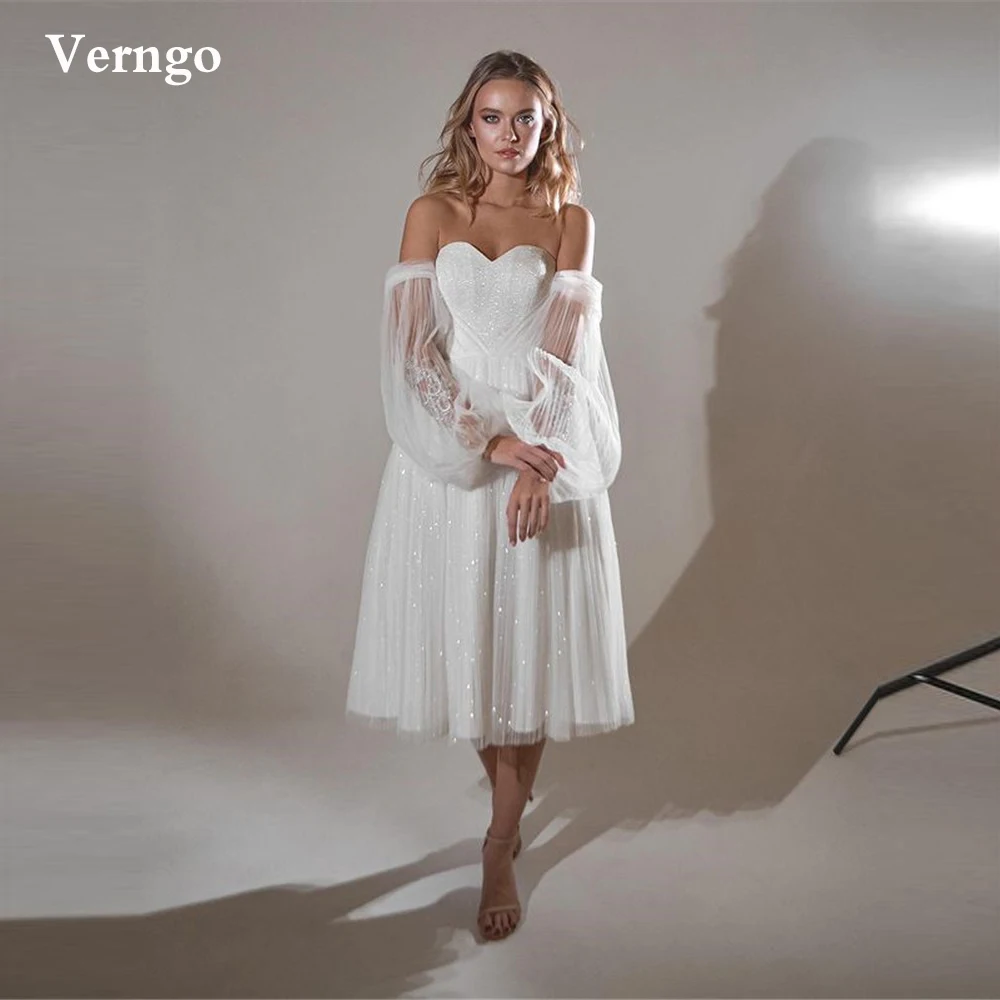 

Verngo Shining Glitter Wedding Dress Puff Long Sleeves Pleats Sweetheart Tea Length Bridal Gowns Garden Civil Wedding Gown