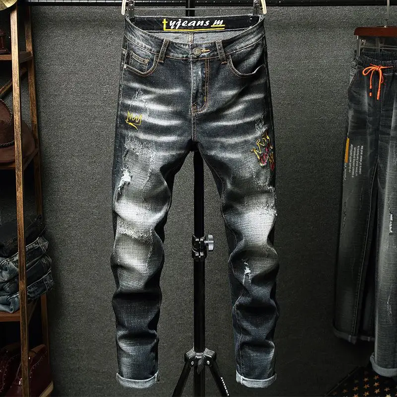 

Men's Vintage Embroidered Stretch Jeans Slim Fit Denim Pants Biker Trousers