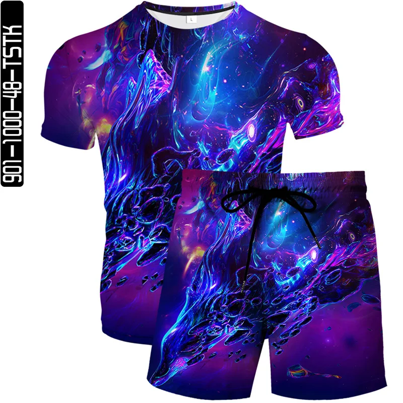 

Summer T-shirt suit male 2021 3D color pattern printing + beach pants breathable street clothes stitching T-shirt male S-6XL