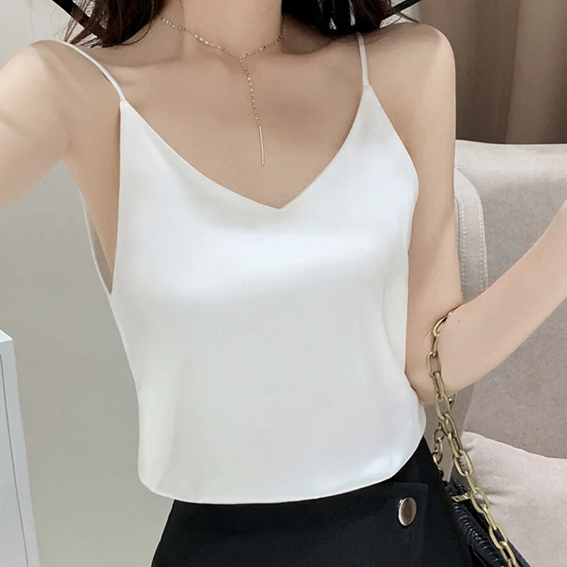 

Sexy Halter Satin Camisole Sleeveless Chiffon Render Tank Solid Plus V-Neck Tops Size Tops Woman Casual Top Camis Camis Solid Sa