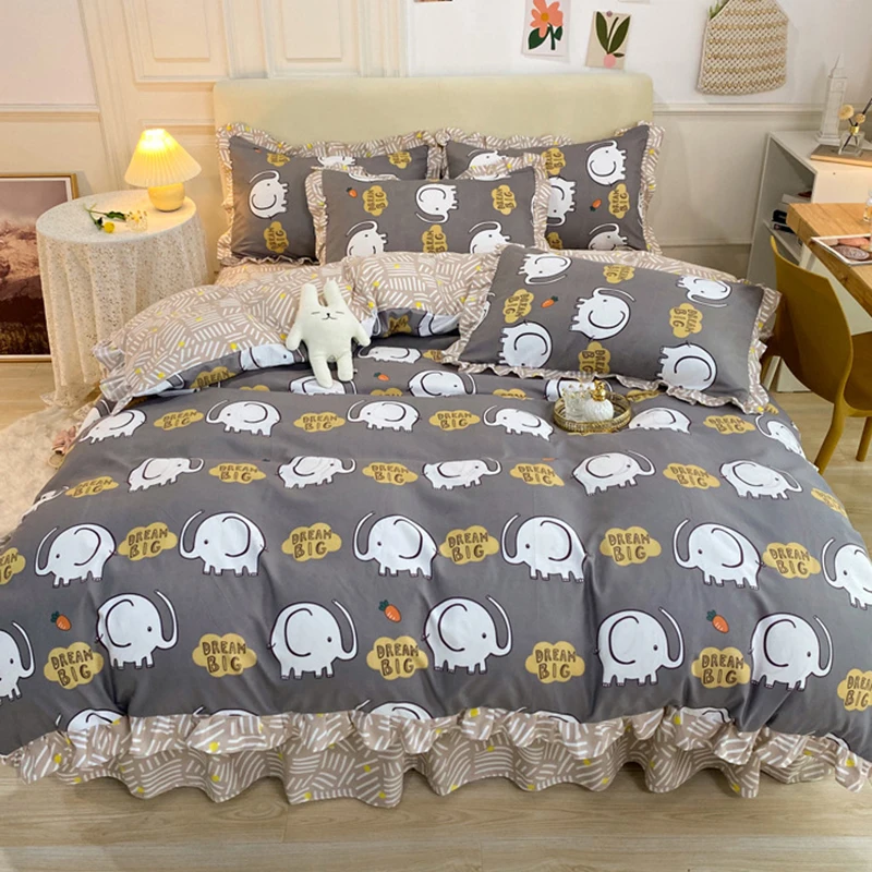 2021 Cute Lion White Bedding Set Kids Colorful Duvet Cover For Girls Bed Skirt Autumn 3/4 Pieces Lace Cartoon Linen | Дом и сад