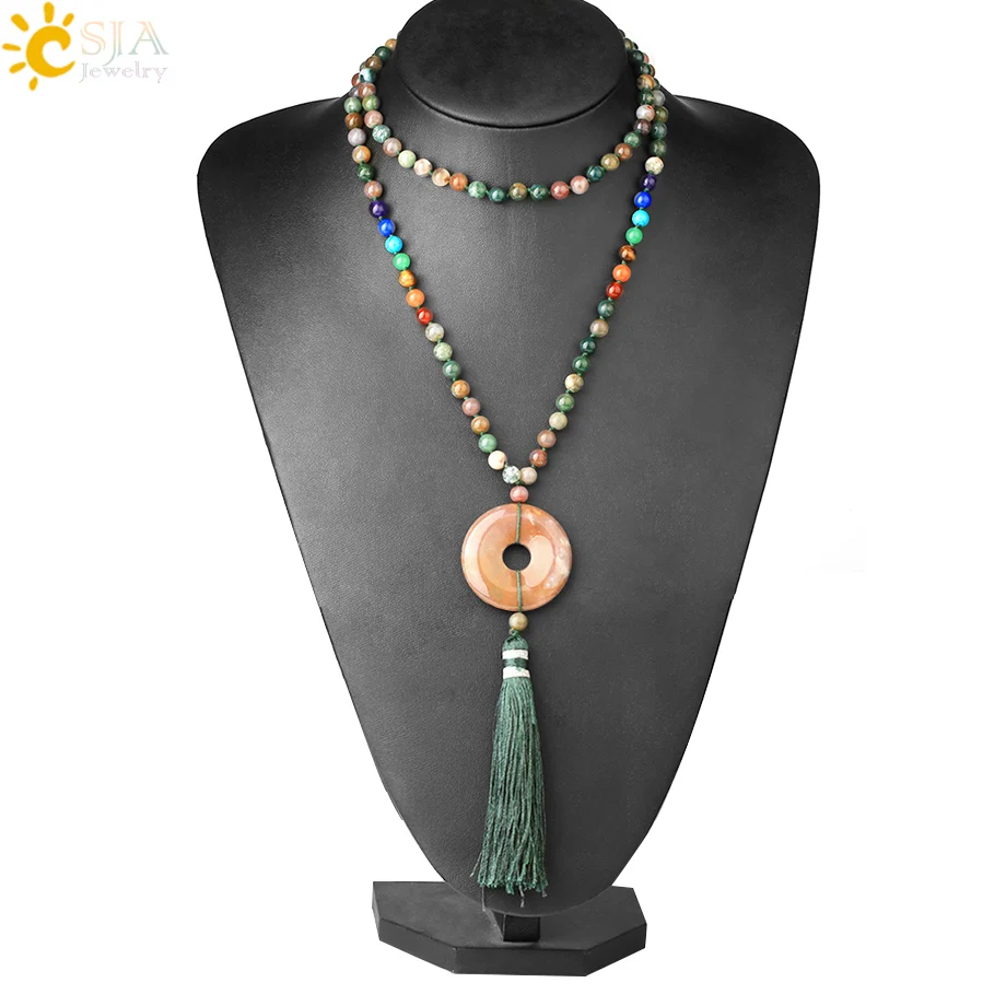 CSJA Reiki Boho Tassel Necklaces Chakra 6mm Natural Gem Stones Yoga Mala Bead Pink Quartz Round Donut Pendant Long Necklace E800 |
