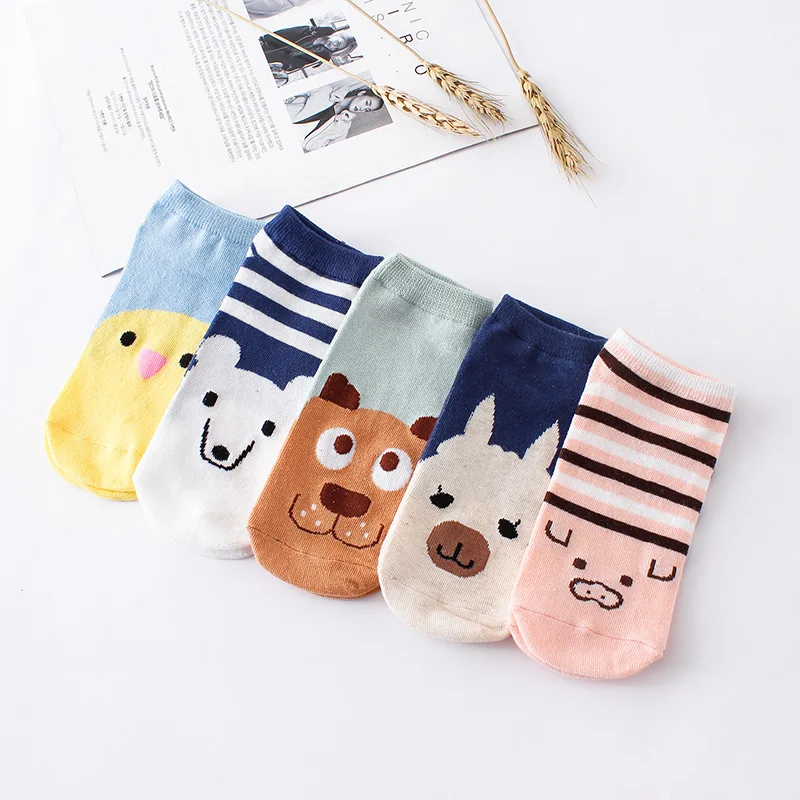 

5 Pairs Spring Summer Ankle Cotton Women Boat Cute Socks Female Invisiable Bear Dog Pig Animal Kawaii Short Sock Set Kawaii