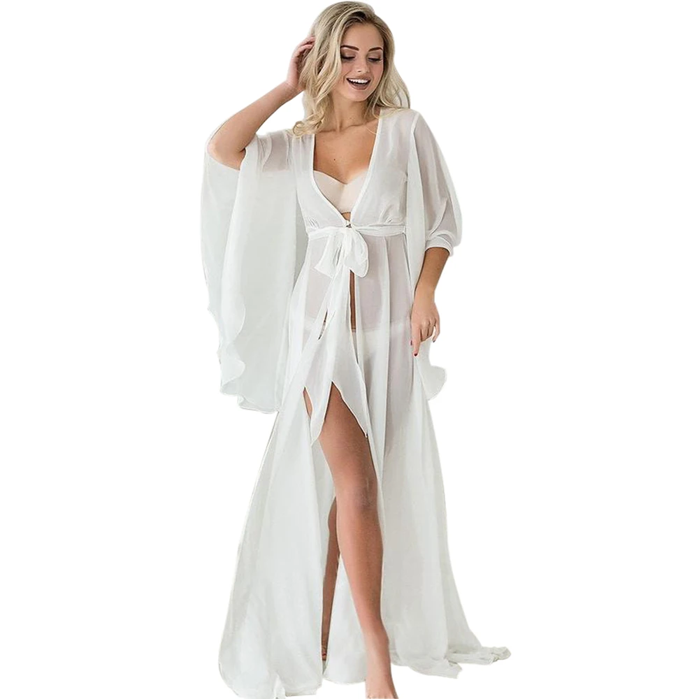 

Women's Sexy Bathrobe Long Sleeve Chiffon Perspective Nightgown Wedding Bridal Robe Maxi Photography Dress