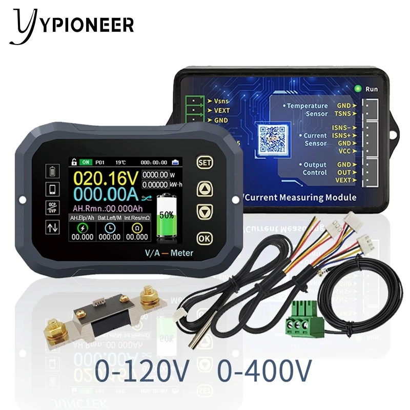 YPioneer KG140F Battery Tester 100V 400A Coulometer Battery Capacity  Indicator LCD Power Display Phones Control Coulomb Meter