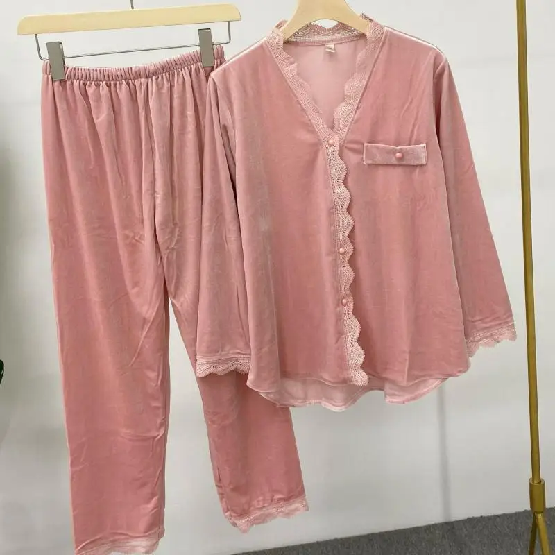 

Autumn Pink 2PCS Sleepwear Velour V-neck Shirt&Pants Lace Trim Sleep Set Velvet Pijamas Suit Elastic Waist Trousers Suit