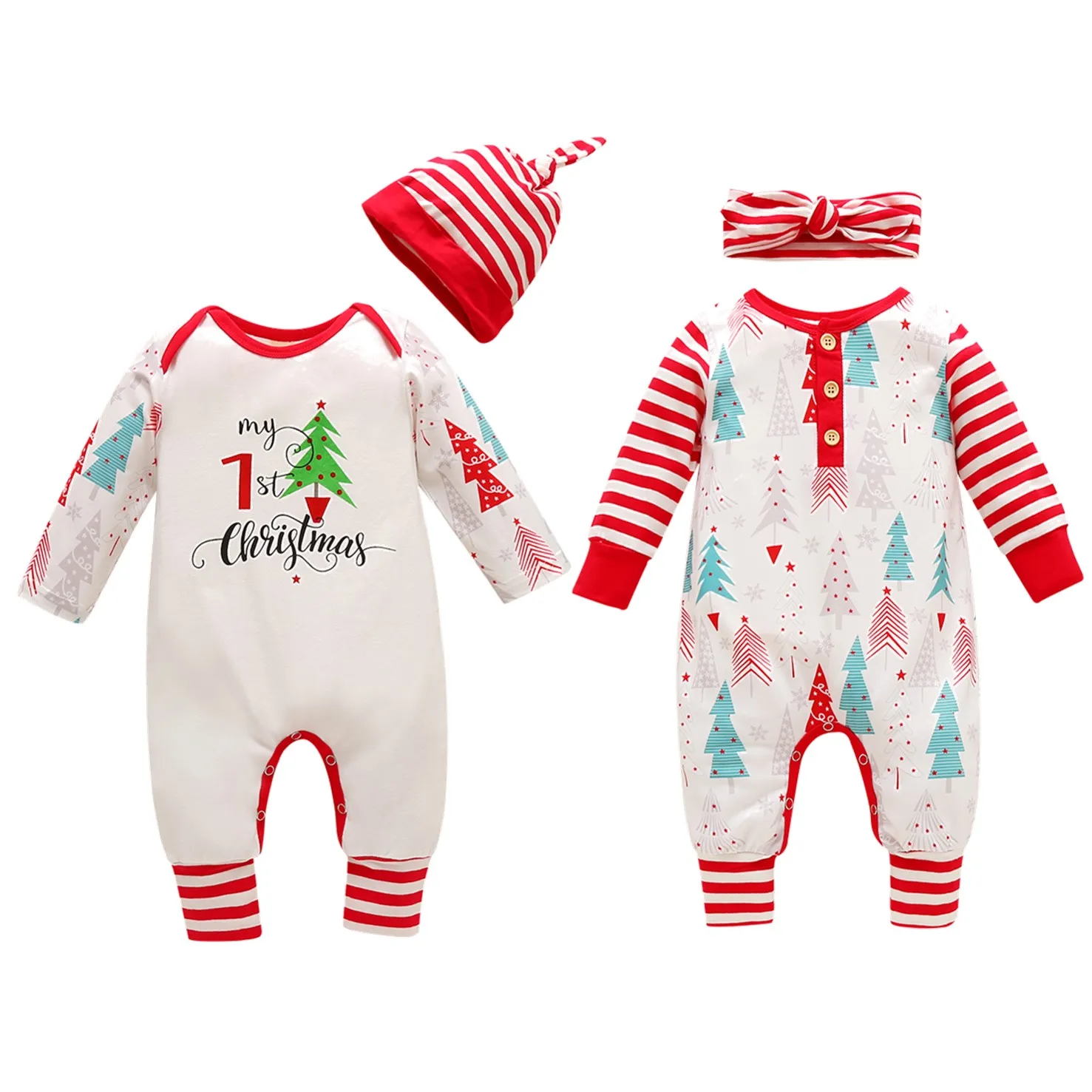 

Baby Christmas Romper Winter Long-Sleeved Jumpsuit Fall Round Collar Tree Stripes Printed Homewear Buttons Loose Clothes 0-24M