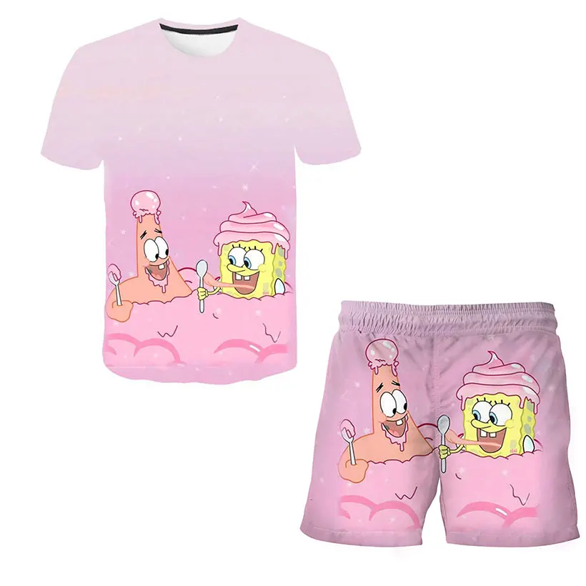 

3d Sponge Family 2021 Funny Yellow Bob Suit Sunlight Boys Printing T-shirt+shorts Sportswear Girls Cartoon Baby Clothes Casual