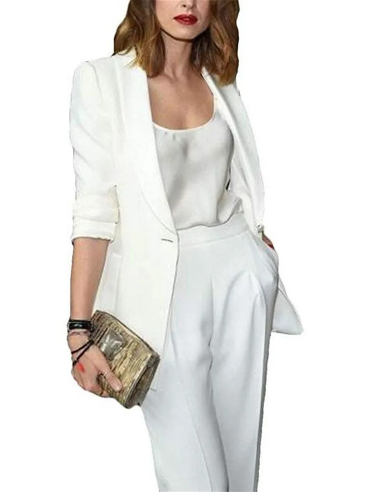

White Women Set Ladies Pant Suits Jacket+Pants Women Business Suits Blazer Formal Office Uniform Style Female Trouser PantSuit