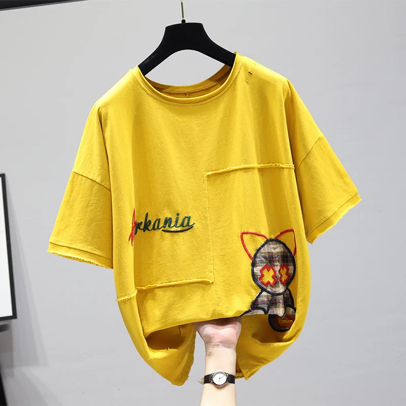 

Корейский 2021 дизайн размера плюс женские отверстия в стиле пэчворк повседневные футболки женские с круглой горловиной, с рисунком футболки...