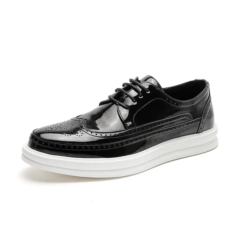 

British Fashion Black Brogue Shoes Men Round Toe Lacing Platform Office Career Patent Leather Dress Office Leisure Zapatos ERRFC