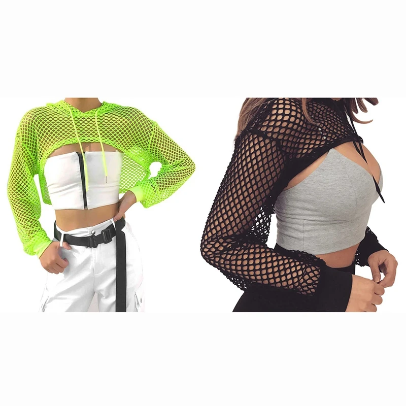 

2 Pcs Long Sleeve T Shirt Women Mesh Top Hooded Hollow Out Sexy Punk Rock Short Crop Top T-Shirt Black & Green S Size