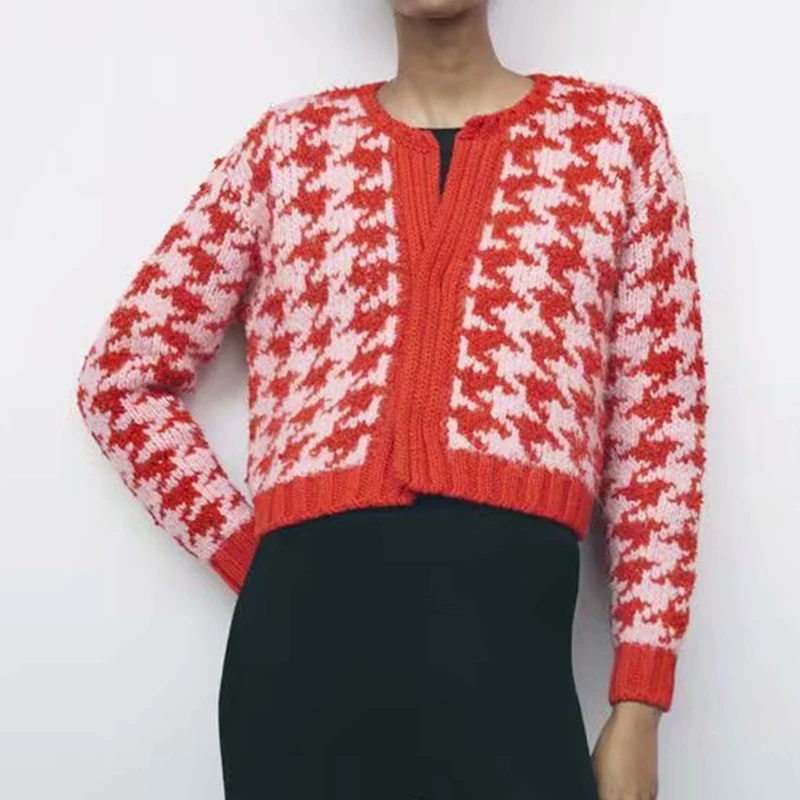 

WXWT Za женский кардиган с рисунком «гусиные лапки», свитер, пальто, кроп-топ с круглым вырезом и длинным рукавом, осенняя женская модная повсед...