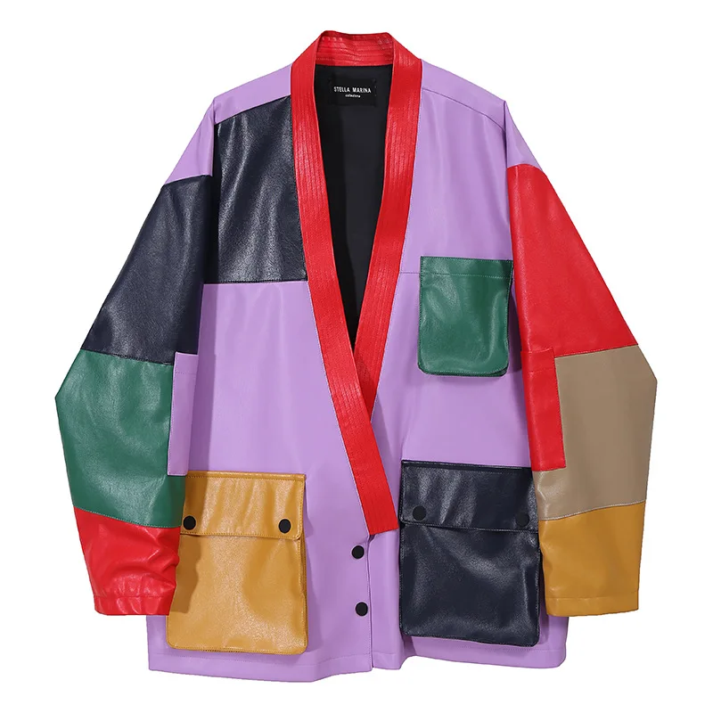 

Jacket Women's Elegant Loose Autumn and Winter New Fashion Color PU Stitching Jacket Women Patchwork Punk Streetwear Jackets