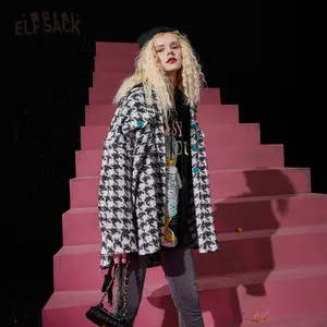 Женское твидовое пальто ELFSACK, шикарная на пуговицах, прямое шерстяное пальто в винтажном стиле в стиле оверсайз в Корейском стиле для зимы, 2020