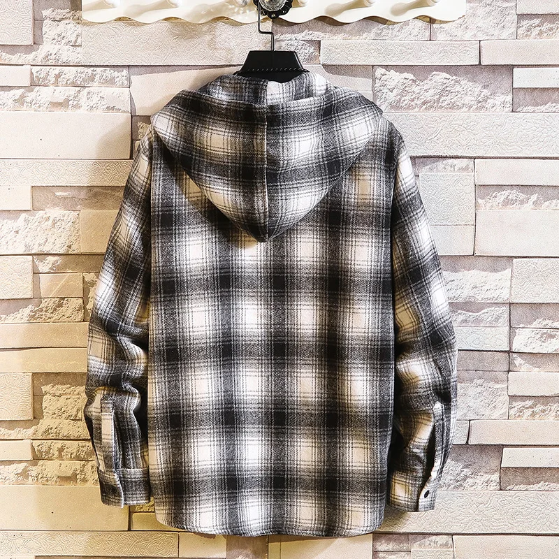 

BAIDAFEI Oversized 6XL 7XL 5XL 2020 Autumn Winter Hooded Plaid Shirt Turn-down Collar Single Breasted Gray Khaki Men Clothing