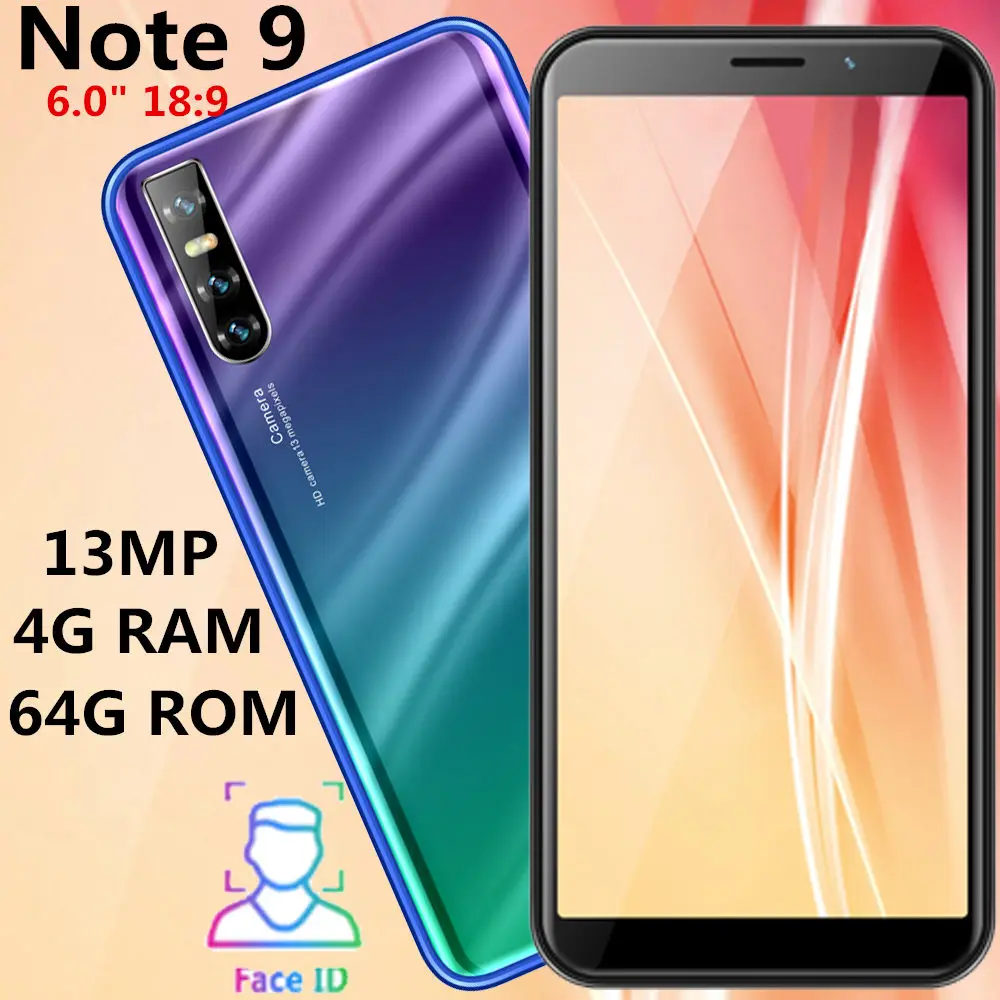 Note 9 четырехъядерный смартфоны 6,0 Большой экран 4 грамма 64G rom 5MP+ 13MP фронтальная/задняя камера celular face разблокированный Android Мобильные телефоны