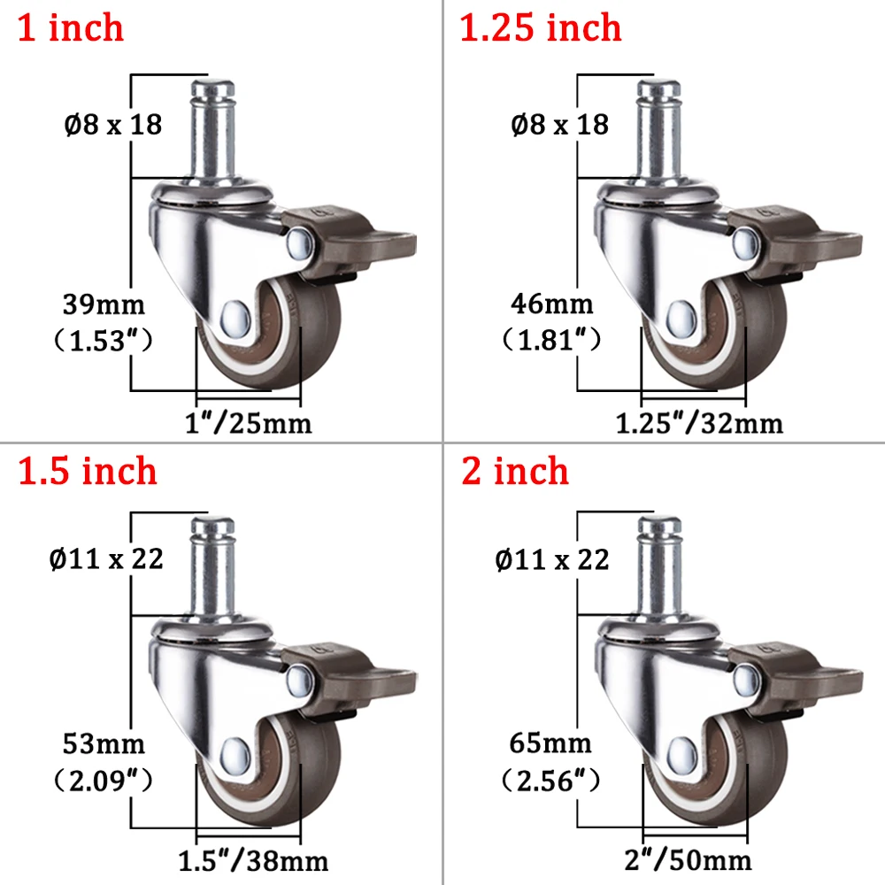 Ролики с поворотом на 360 градусов резиновые ролики 1/1 25/1 5/2 дюйма бесшумные колеса