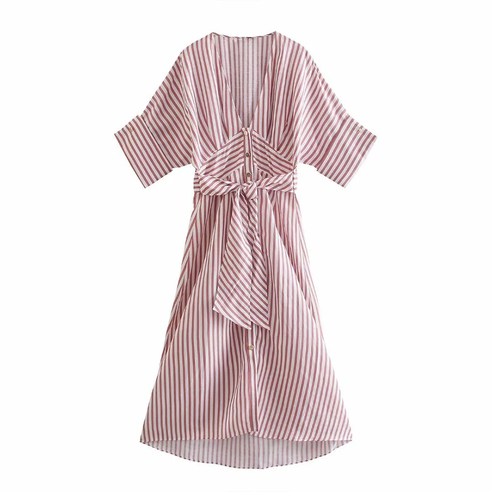 Женское платье рубашка с поясом Za винтажное льняное миди в полоску коротким