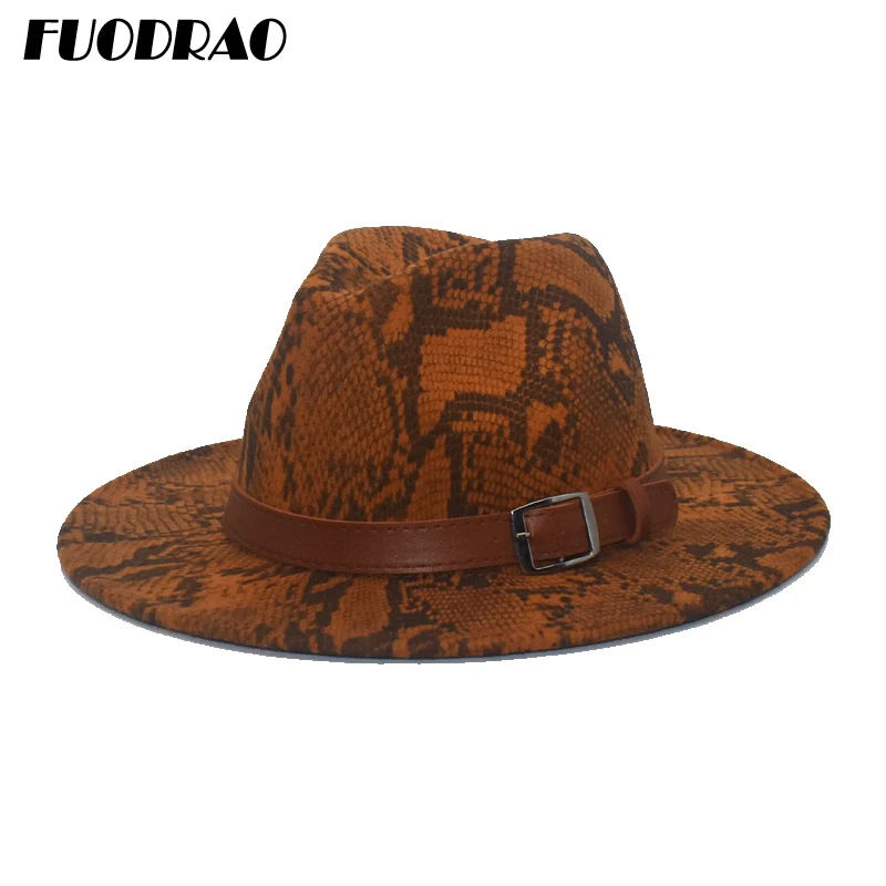 FUODRAO Новые Классические женские фетровые шляпки со змеиным принтом широкие с