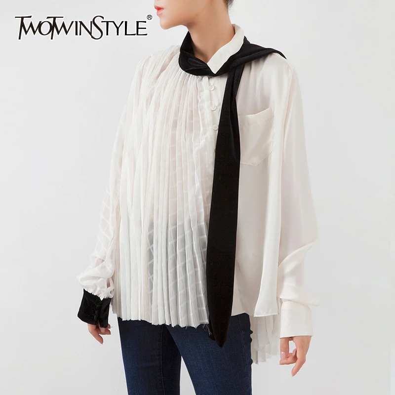 TWOTWINSTYLE, лоскутные, клетчатые, нестандартные блузки для женщин, воротник с лацканами, длинный рукав, хит, цвет, плиссированные рубашки для женщин, мода