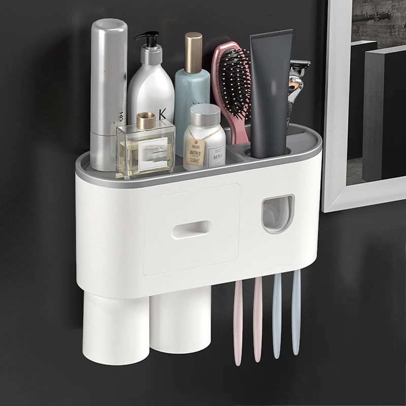 wall mounted magnetic adsorption toothbrush holder with 2 toothpaste dispenser free punch storage bathroom accessories free global shipping