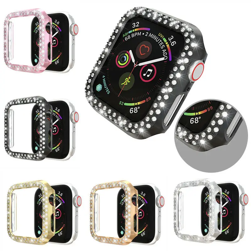 Двухрядный Алмазный чехол для часов Apple Watch 38 мм 42 40 44 IWatch серии 5 4 3 2 1 Блестящий