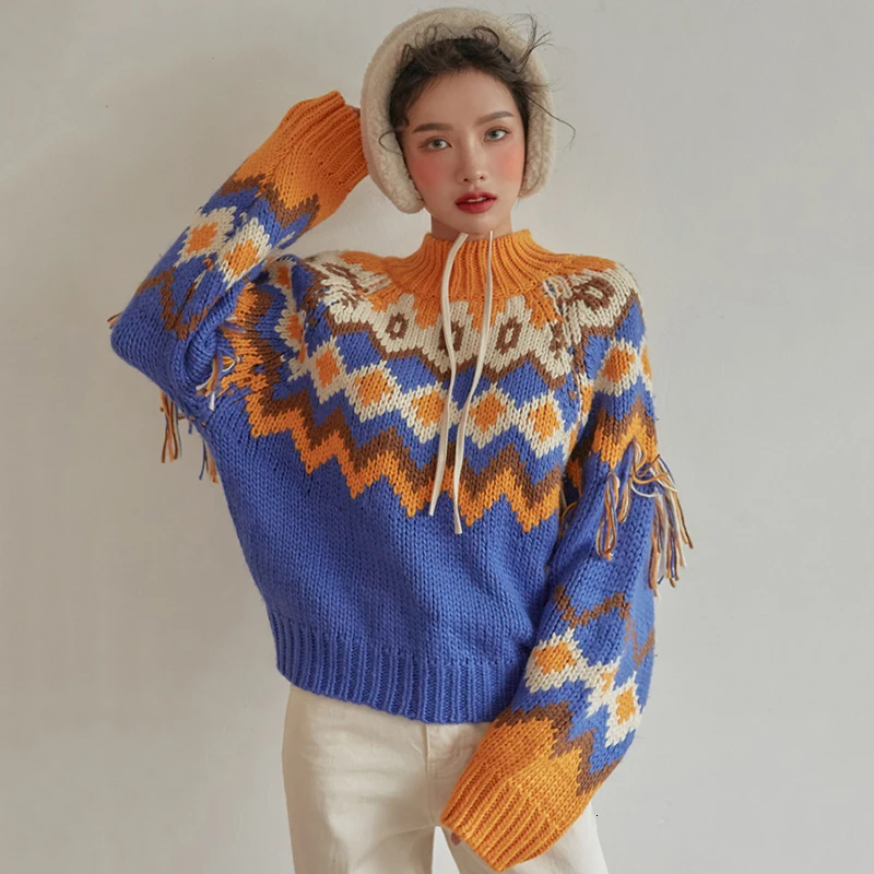 SHENGPALAE Chic Autumn Western Style Hit Color Diamond Dotted Tassels Design Pullover Round Neck Knitting Woman Sweater FT742 | Женская