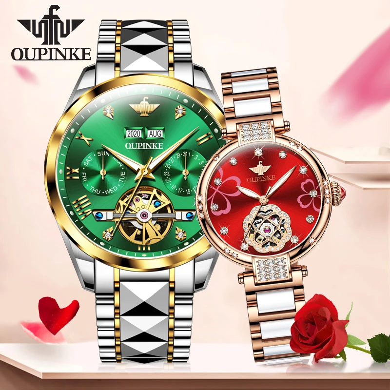 

OUPINKE Fashion Lovers Watches Luxury Men Chronograph Mechanical Wristwatch Women Elegant Ceramic Automatic Watch Sapphire 3186