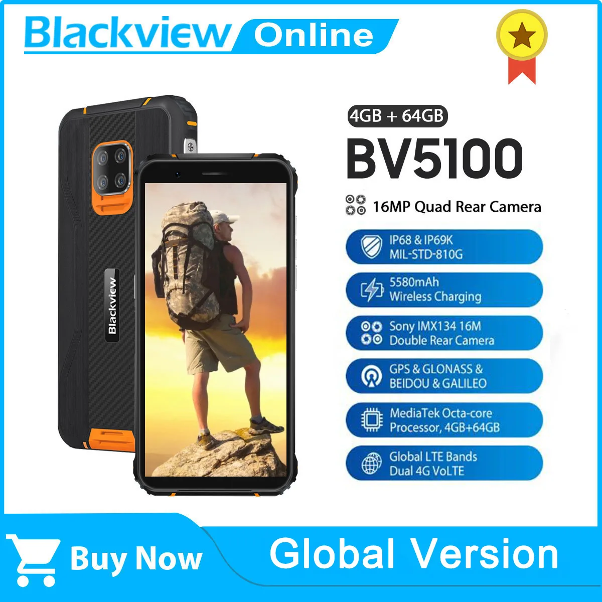 

Blackview BV5100 IP68 Waterproof Rugged Smartphone 4GB+64GB Mobile Phone 5580mAh 5.7" 16MP Quad Camera Android 10 Global Version