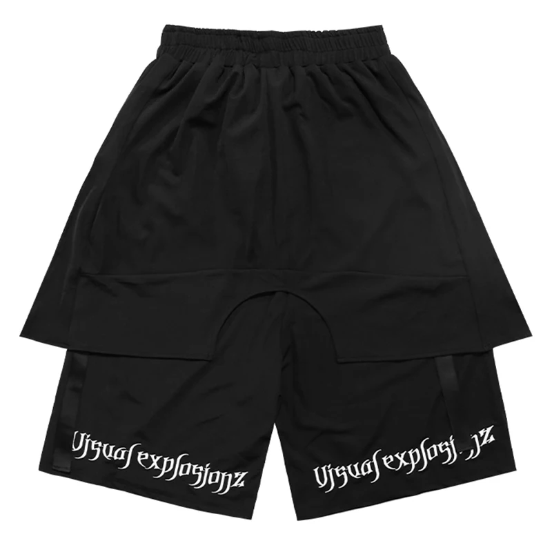 Embroidery Layered Two Piece Oversize Cargo Short Mens High Street WIde Leg Solid Loose Casual Summer Knee Length Pants | Мужская одежда