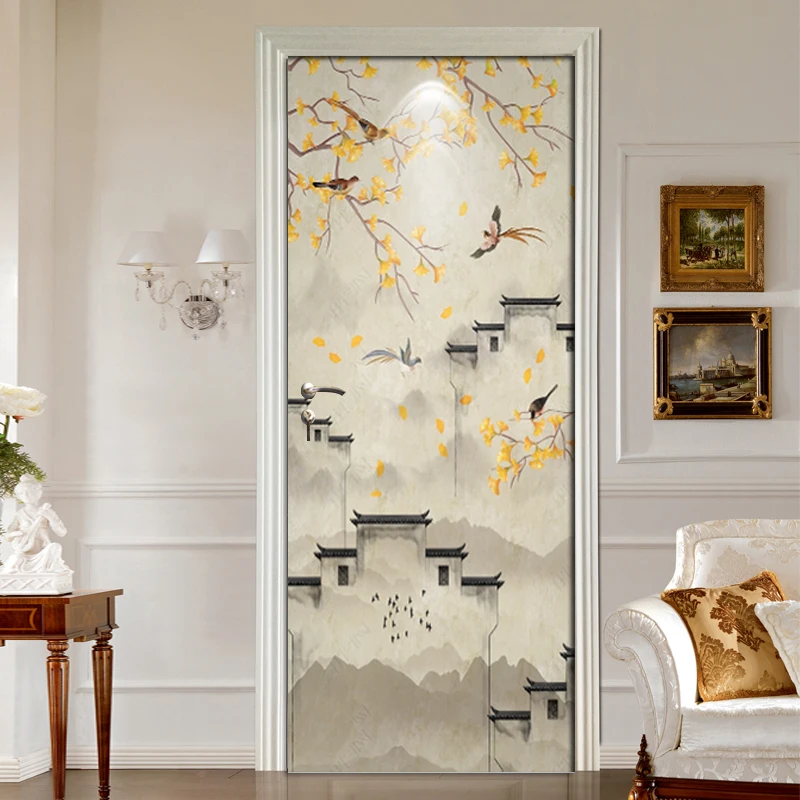 Наклейка на дверь расписанные вручную цветы птицы обои ПВХ водостойкие