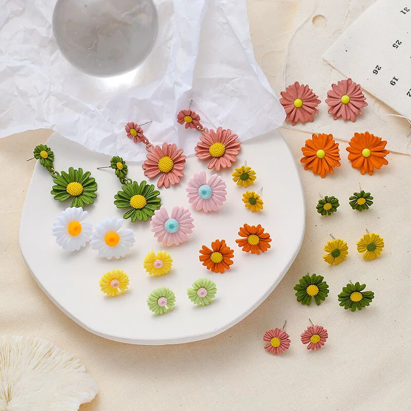 Японские и корейские свежие серьги в виде сетчатой Красной маргаритки простые