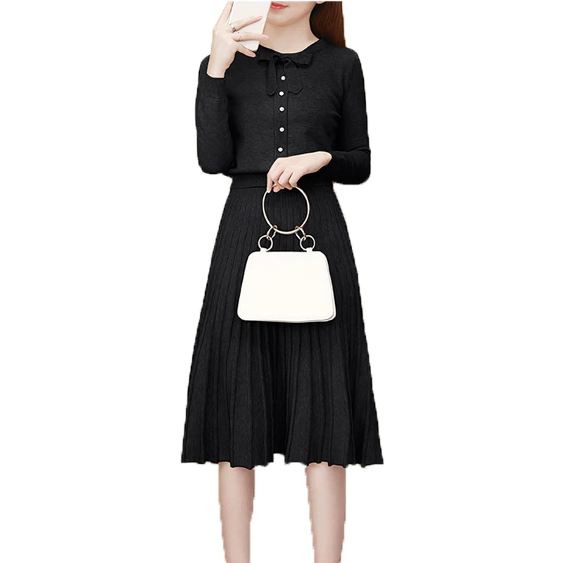 Модный женский вязаный комплект из двух предметов юбка длинный рукав