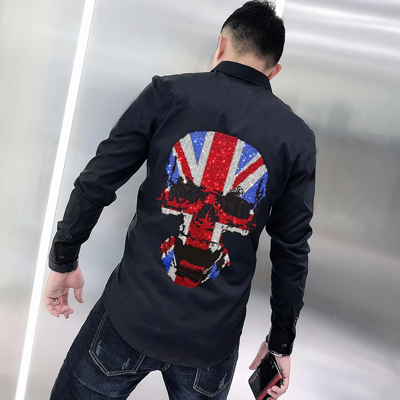 

Fall Men's Lapel T-Shirt Pure Cotton Long Sleeve Exquisite Hot Diamond Skull Style European New Arrival Business