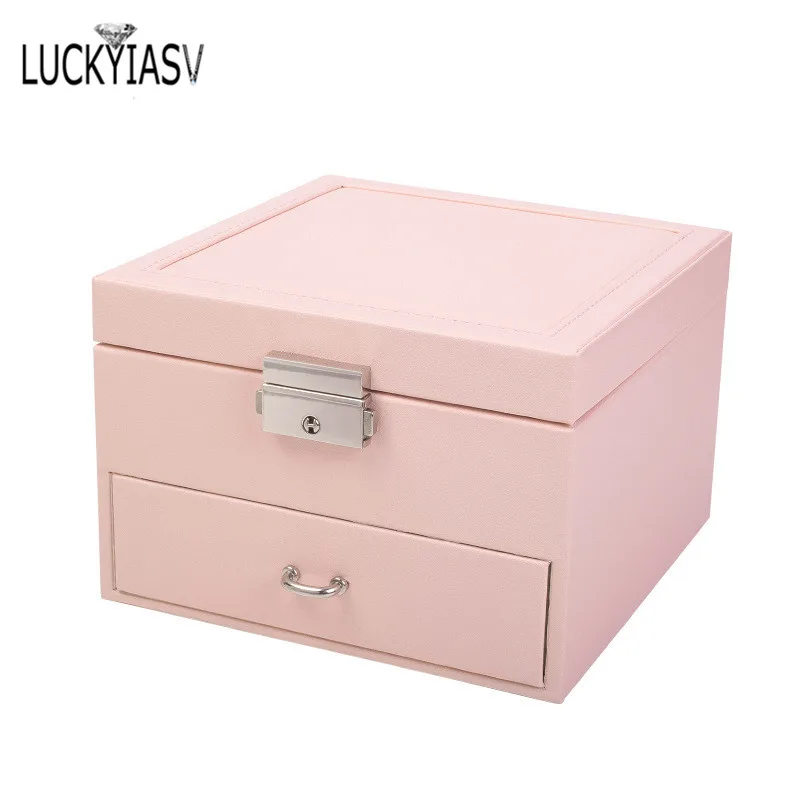 

European PU Leather Jewelry Box For Ring Simple Double Layer with Mirror Jewelry Storage Box Earrings Ring Watch Organizer Case