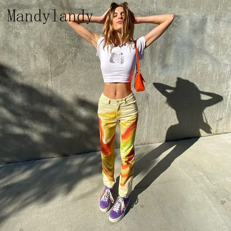 

Mandylandy Long Pants Autumn Fashion Button Pocket Trousers Women's Casual Tie Dye Print High Waist Straight Pants