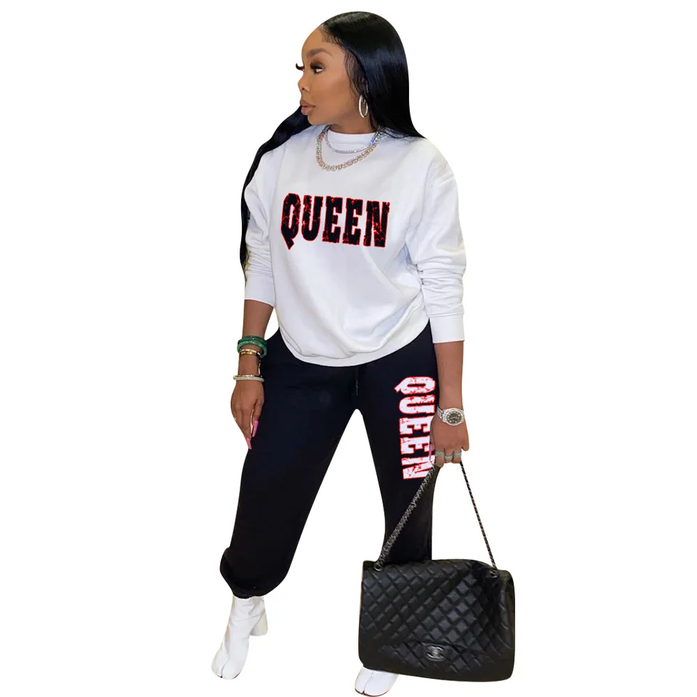 

QUEEN Letter Printed Womens Two Piece Outfits Long Sleeve Pullover Sweatshirt Top High Waist Pants Tracksuit Matching Sets