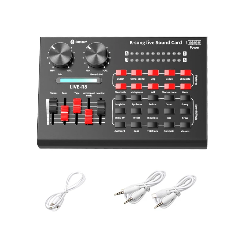 

HOT Sound Card R8 Voice Changer Sound Mixer Board For Live Streaming Voice Changer Sound Card Multiple Sound Effects Audio Mixer